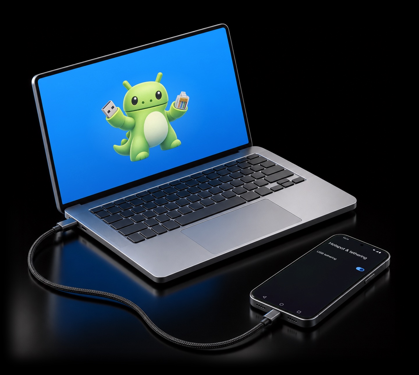A laptop showing the RNDISaurus dinosaur, connected by a USB cable to an Android phone with USB tethering turned on.