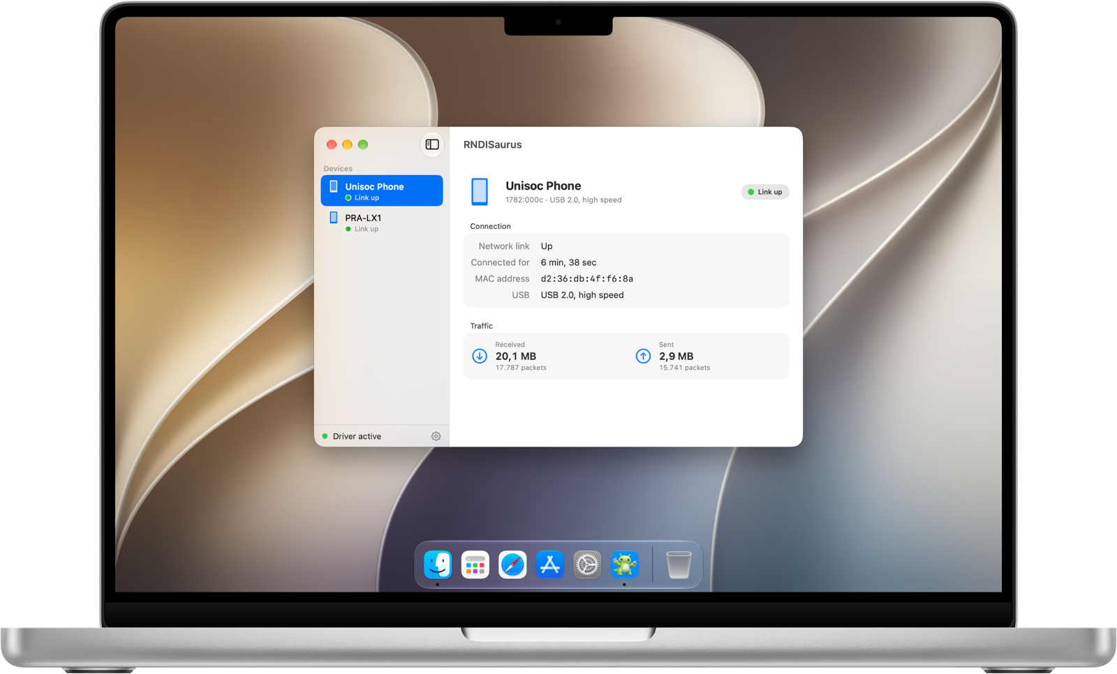 The RNDISaurus window on a MacBook Pro, showing a connected phone with its link up and its traffic.