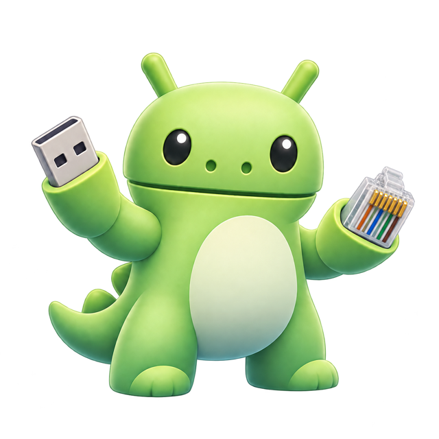 Rex, the RNDISaurus mascot: a green dinosaur holding a USB plug and an Ethernet plug.